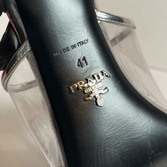 Prada | Plexiglass Logo Metallic ARGENTO CALFSKIN METAL 75MM SLIDE SANDALS 41 - Picture 6 of 6
